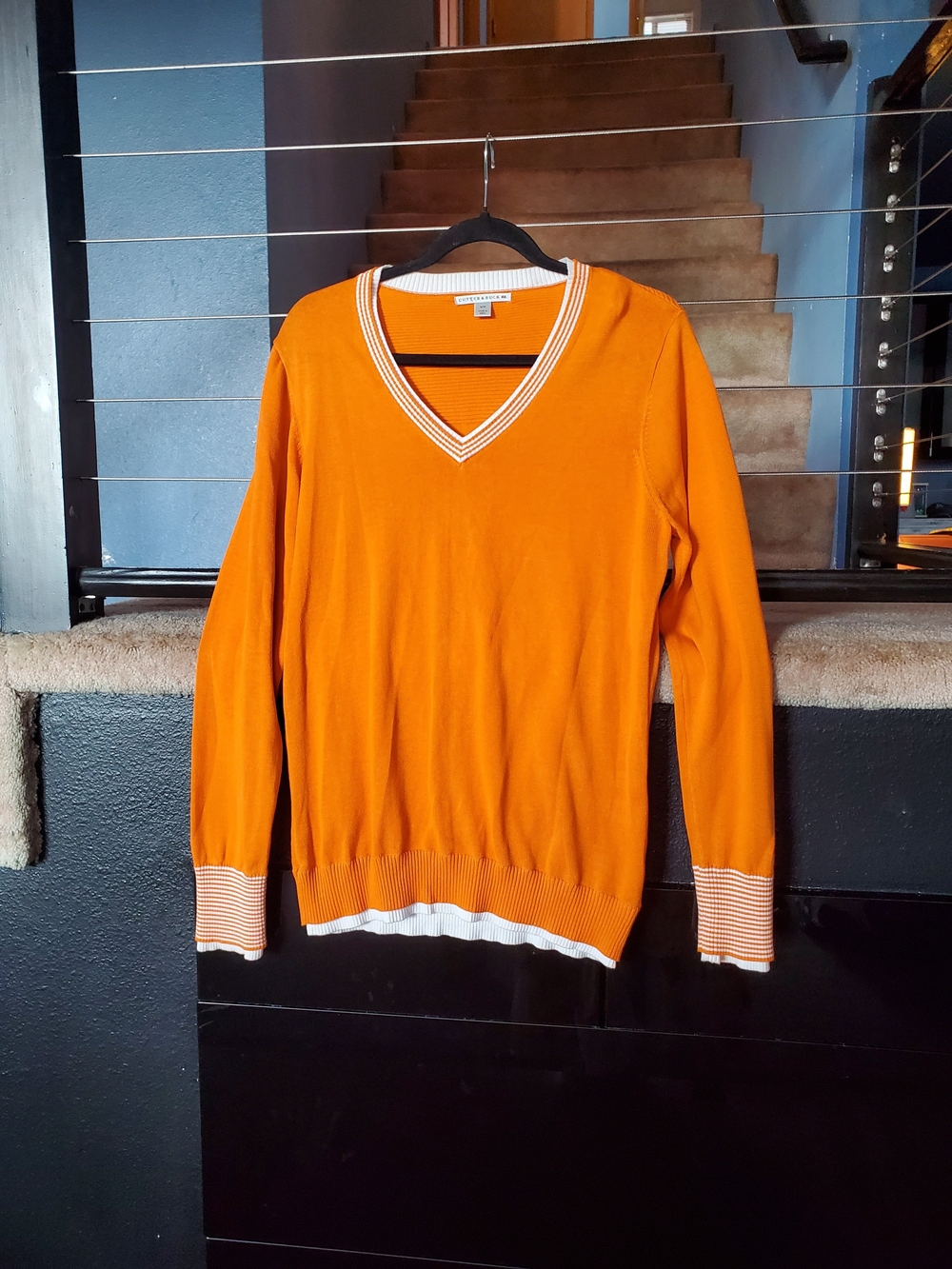 Cutter & Buck Orange V-Neck Sweater with White Trim
